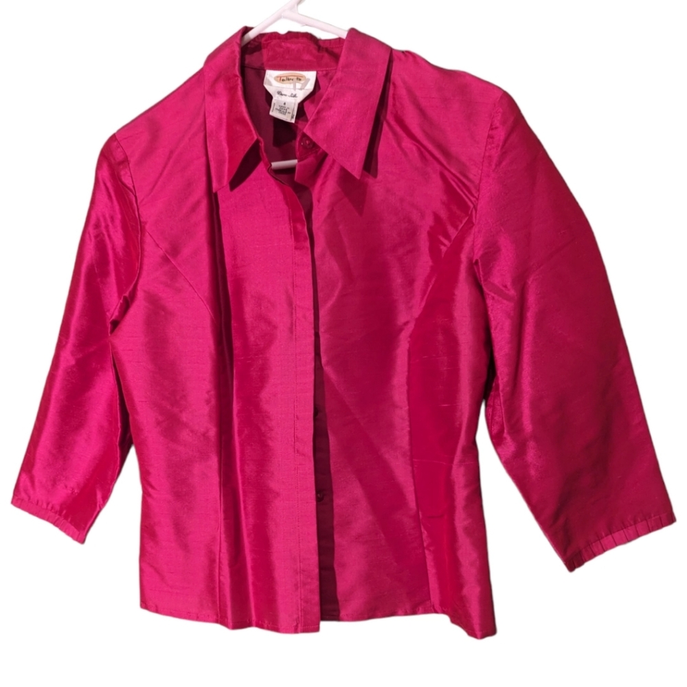 Talbots Pure Silk Fuchsia Pink 3/4 Sleeve Collared Button Up Blouse Size 6